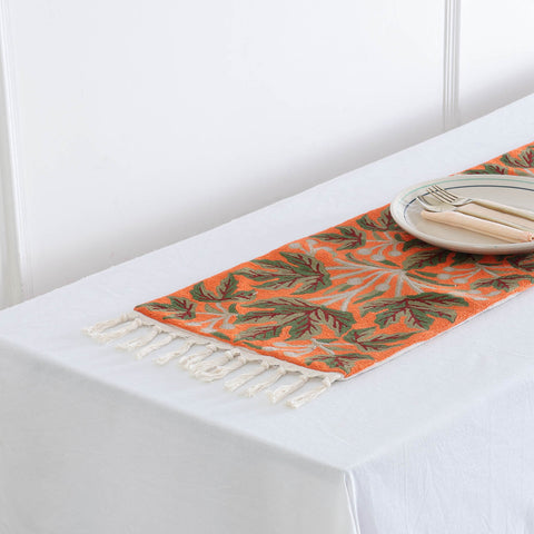 Orange & Green Leaf Crewelwork Table Runner, 1x4 ft