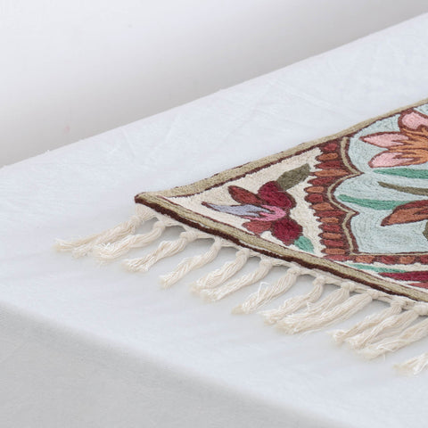 Off White Floral Tree Bird Crewel Embroidery Table Runner, 1x4 ft
