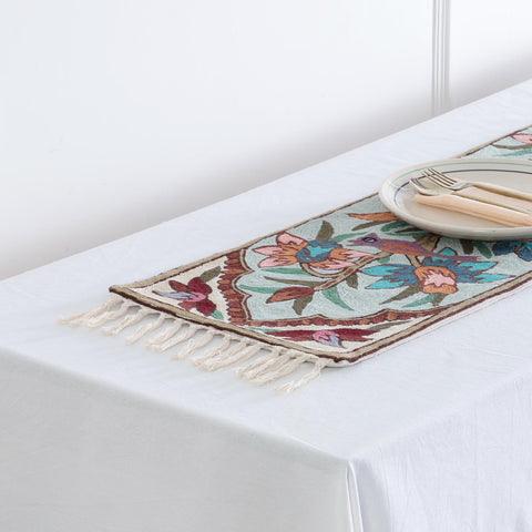 Off White Floral Tree Bird Crewel Embroidery Table Runner, 1x4 ft