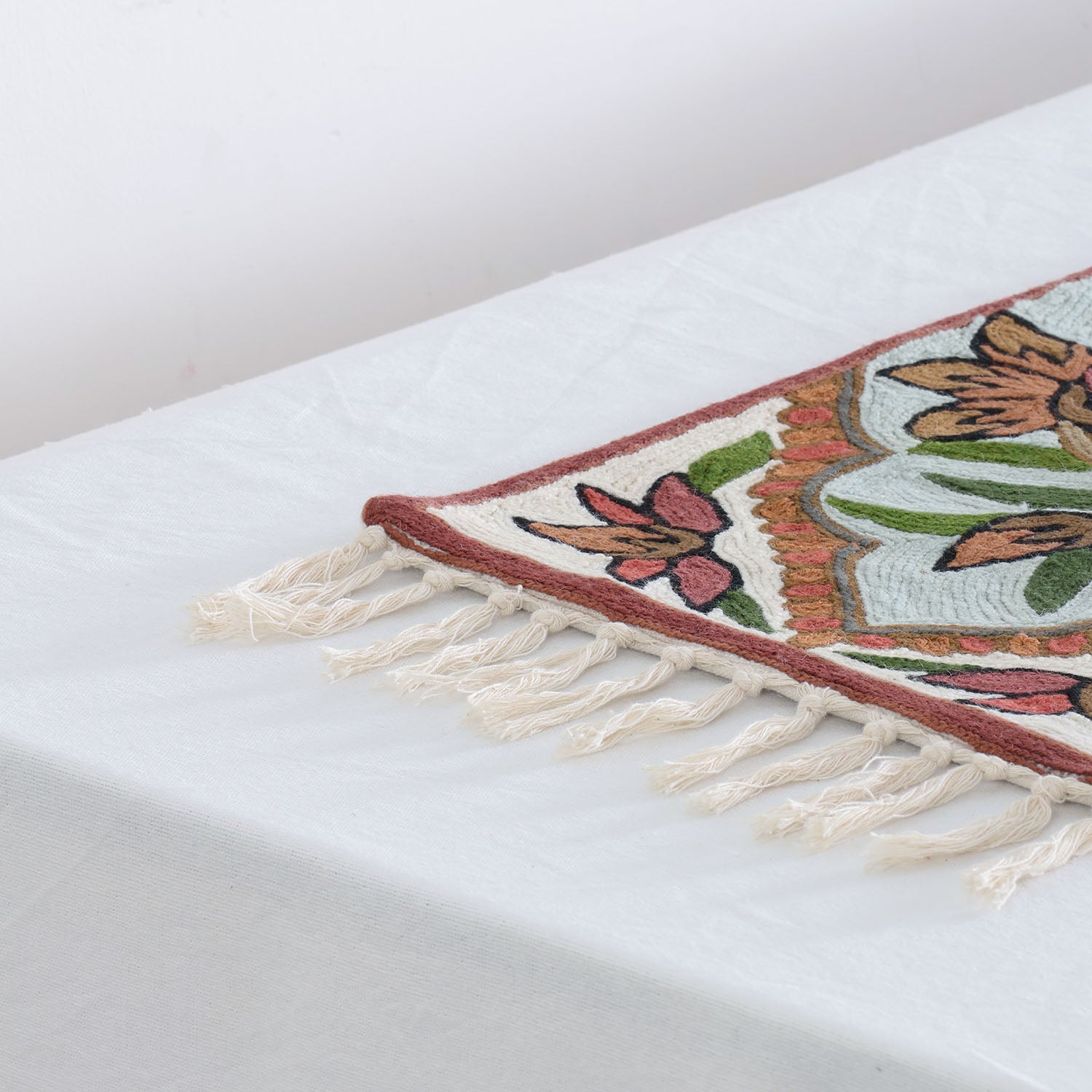 Mint Green Floral Tree Bird Crewel Embroidery Table Runner, 1x4 ft