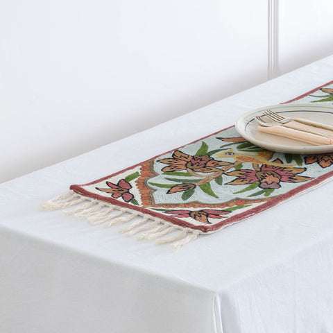 Mint Green Floral Tree Bird Crewel Embroidery Table Runner, 1x4 ft