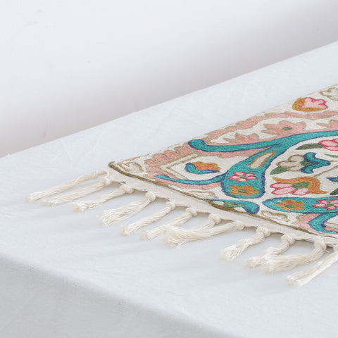 Off White Floral Crewel Embroidery Kashmiri Table Runner, 1x4 ft