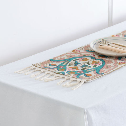 Off White Floral Crewel Embroidery Kashmiri Table Runner, 1x4 ft