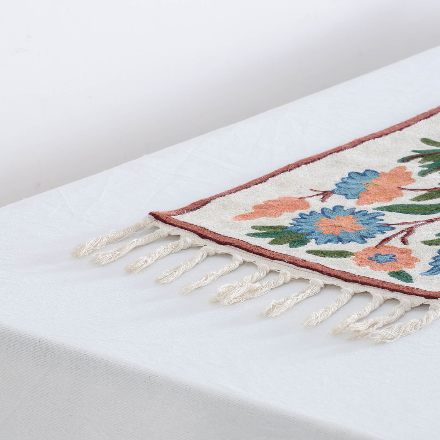 Off White & Blue Floral Crewel Embroidery Table Runner, 1x4 ft