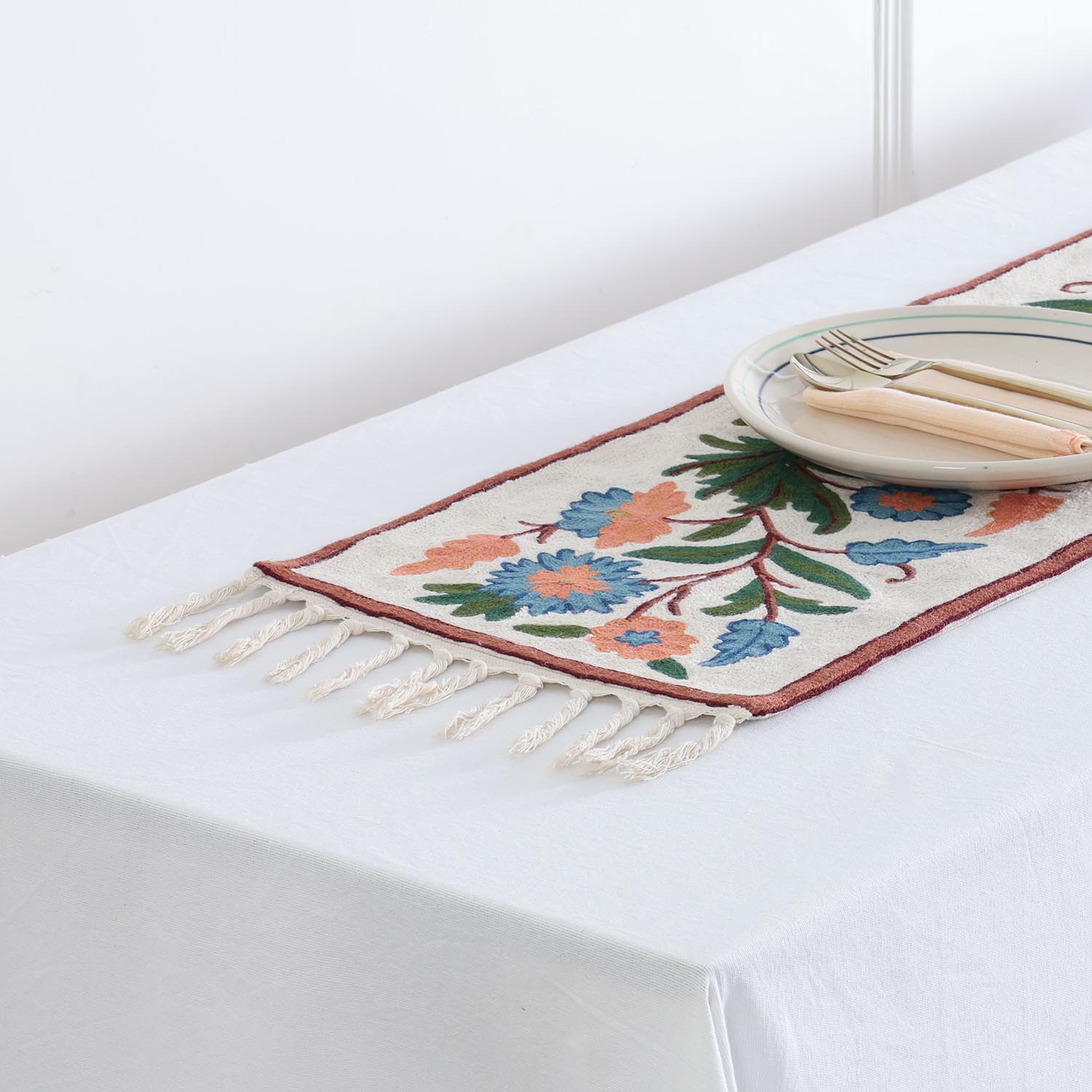 Off White & Blue Floral Crewel Embroidery Table Runner, 1x4 ft