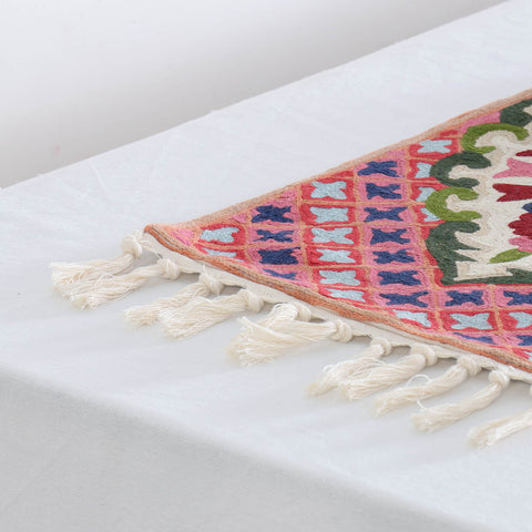 Off White & Multi Colour Flower Pot Crewel Embroidery Table Runner, 1x4 ft