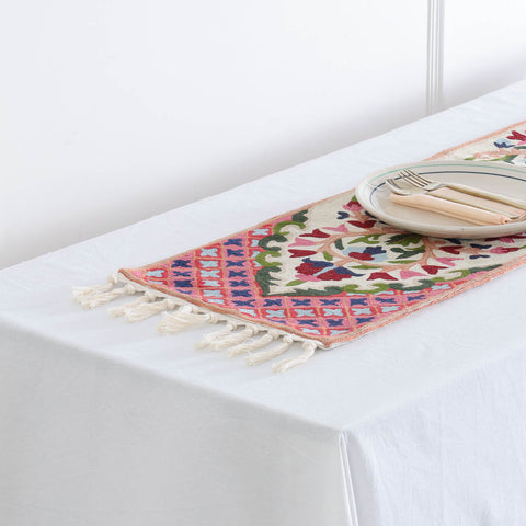 Off White & Multi Colour Flower Pot Crewel Embroidery Table Runner, 1x4 ft