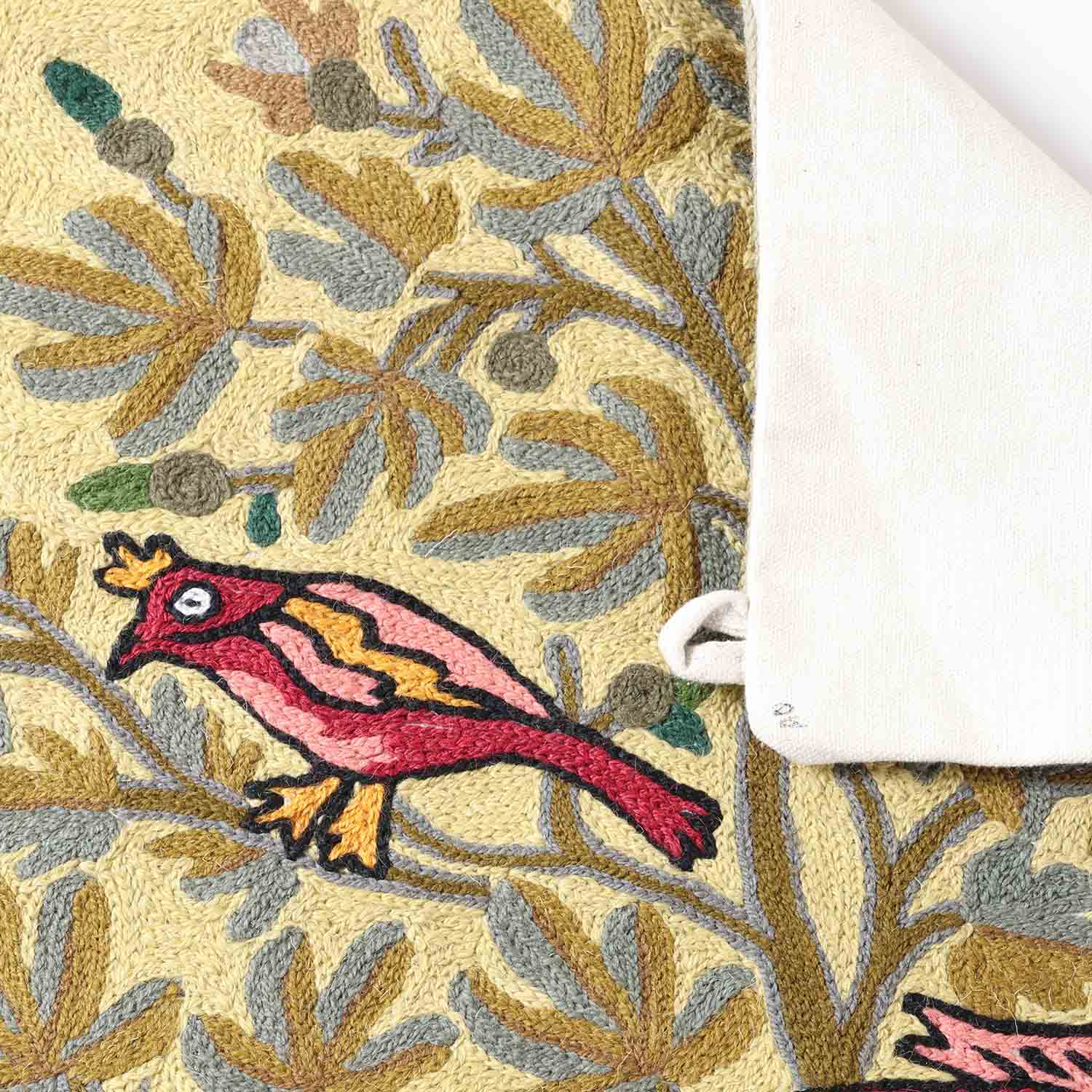 Beige Tree with Birds Kashmiri Crewel Wall Hanging, 1.5x2 ft