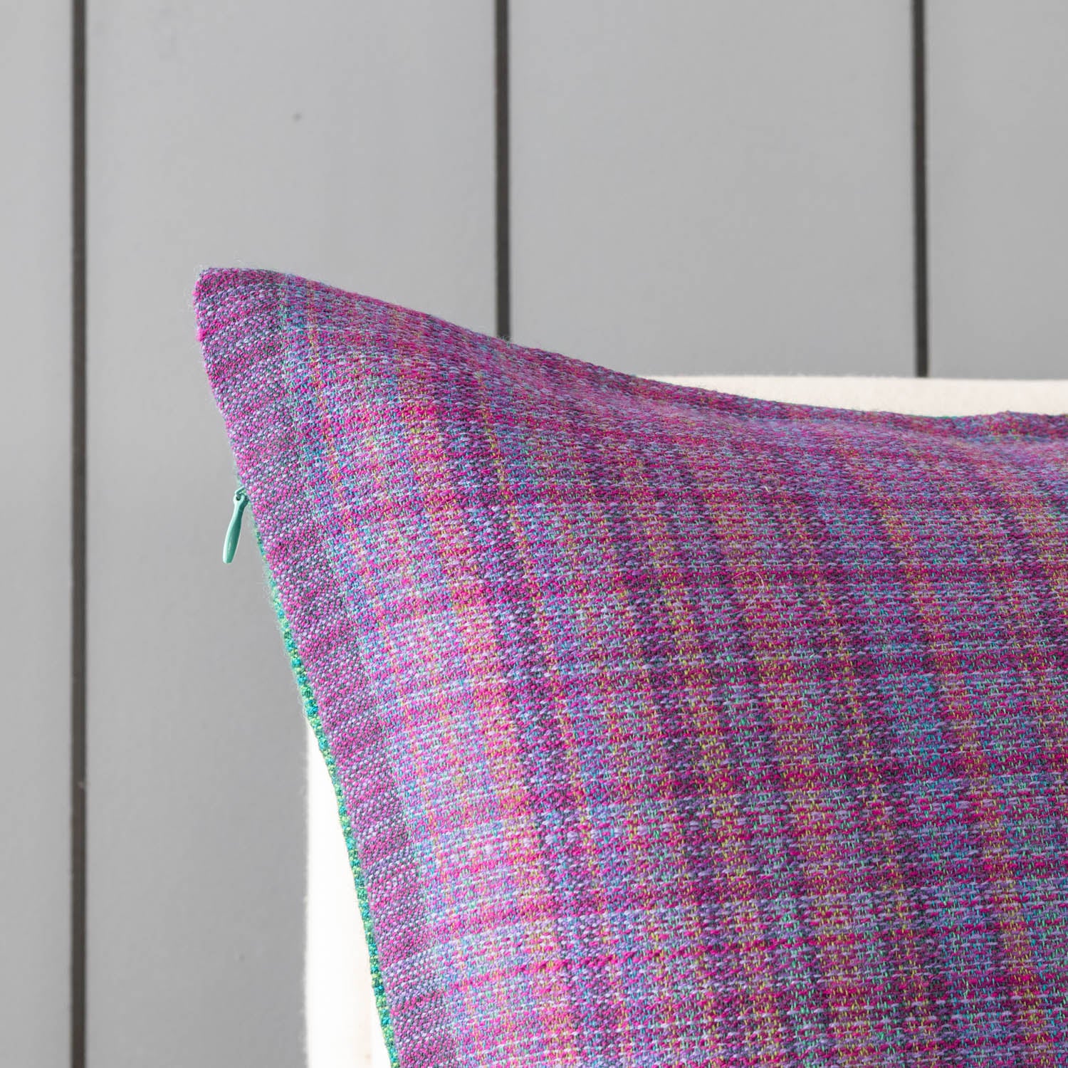 Handwoven Upcycled Green & Purple Wool Cushion Cover - 18x18