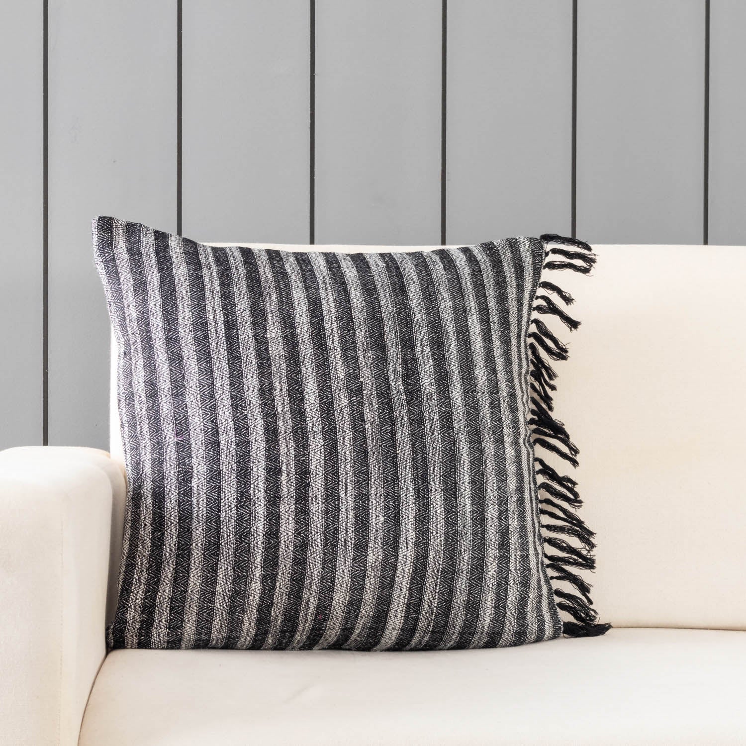 Handwoven Upcycled Black & White Wool & Oak Silk Cushion Cover - 18x18