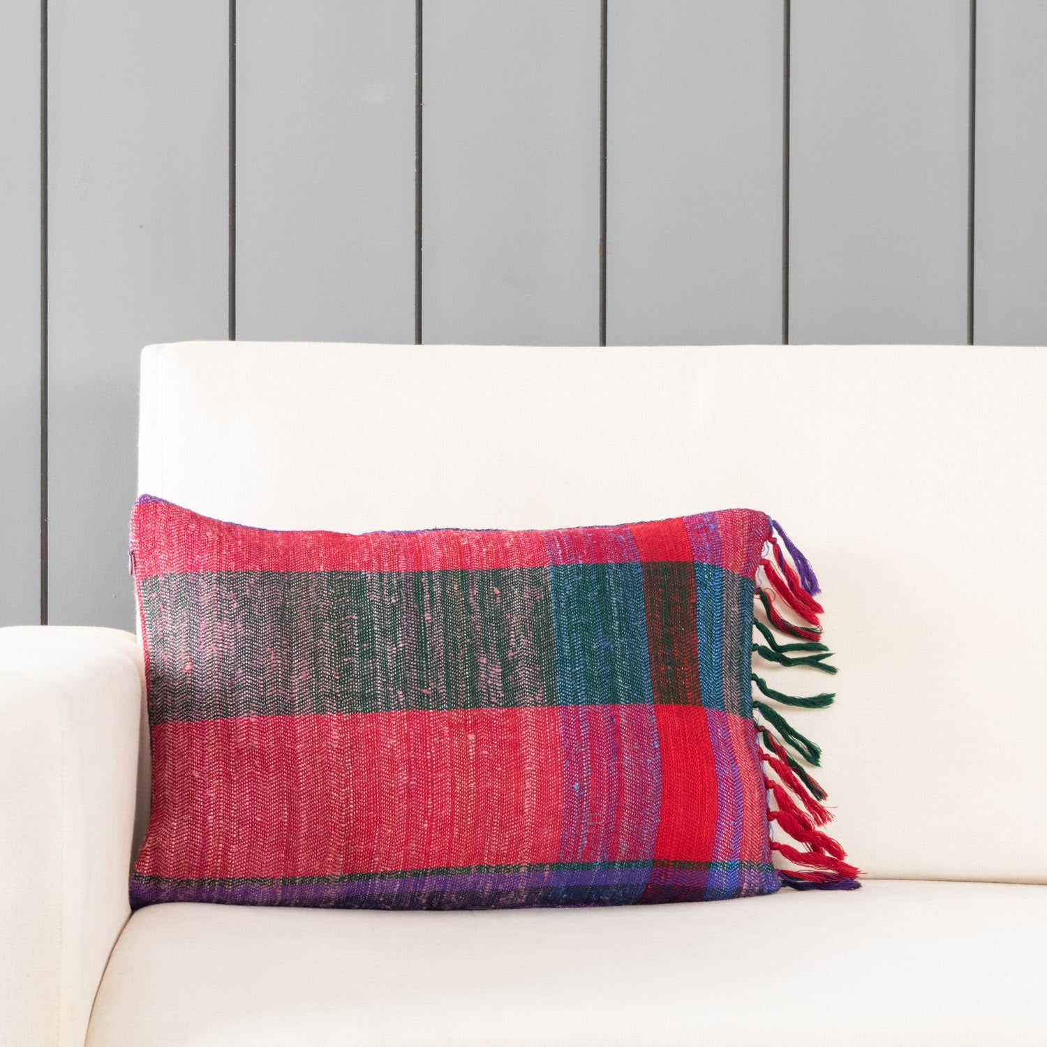 Handwoven Upcycled Multi-colored Wool & Oak Silk Cushion Cover - 12x18