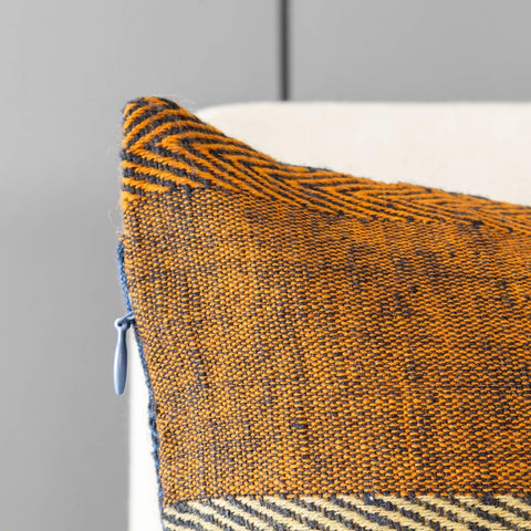 Upcycled Wool & Silk 16x16 Cushion Cover, Blue & Orange - Eyaas