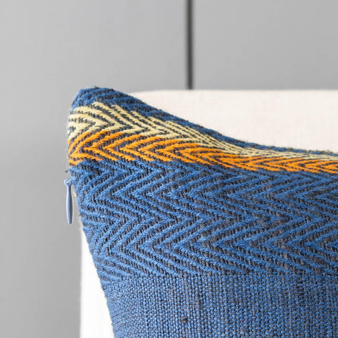 Upcycled Wool & Silk 16x16 Cushion Cover, Blue & Orange - Eyaas