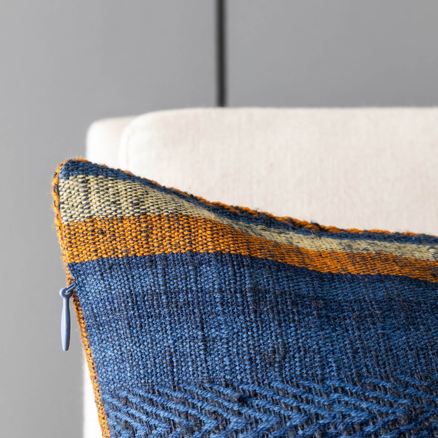 Handwoven Upcycled Blue, Orange, Yellow Striped Wool & Oak Silk Cushion Cover - 16x16