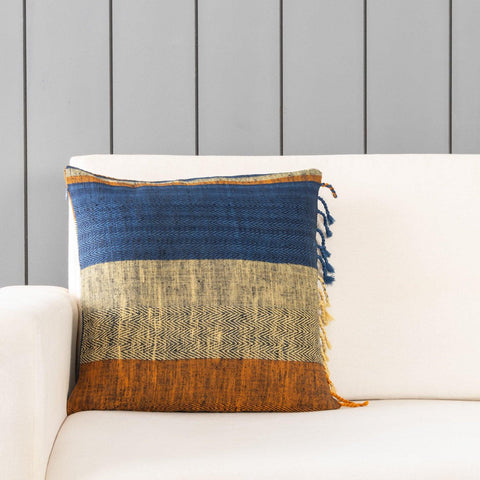 Upcycled Wool & Silk 16x16 Cushion Cover, Blue & Orange - Eyaas