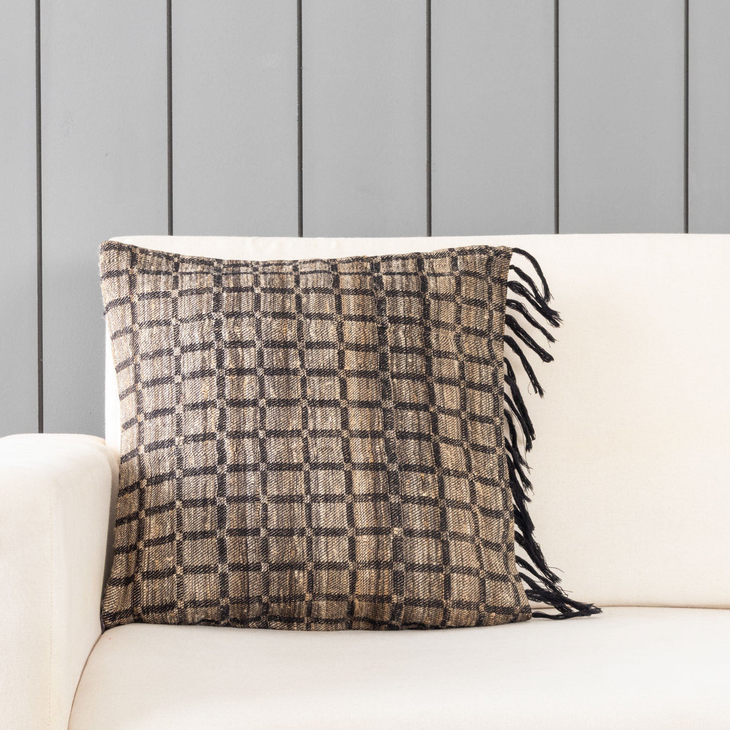Handwoven Upcycled Black Beige Checks Wool & Oak Silk Cushion Cover - 18x18
