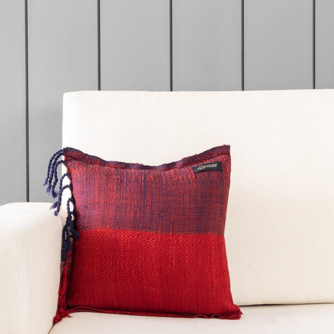 Upcycled Red & Blue Wool & Silk Cushion Cover - 12x12 - Eyaas