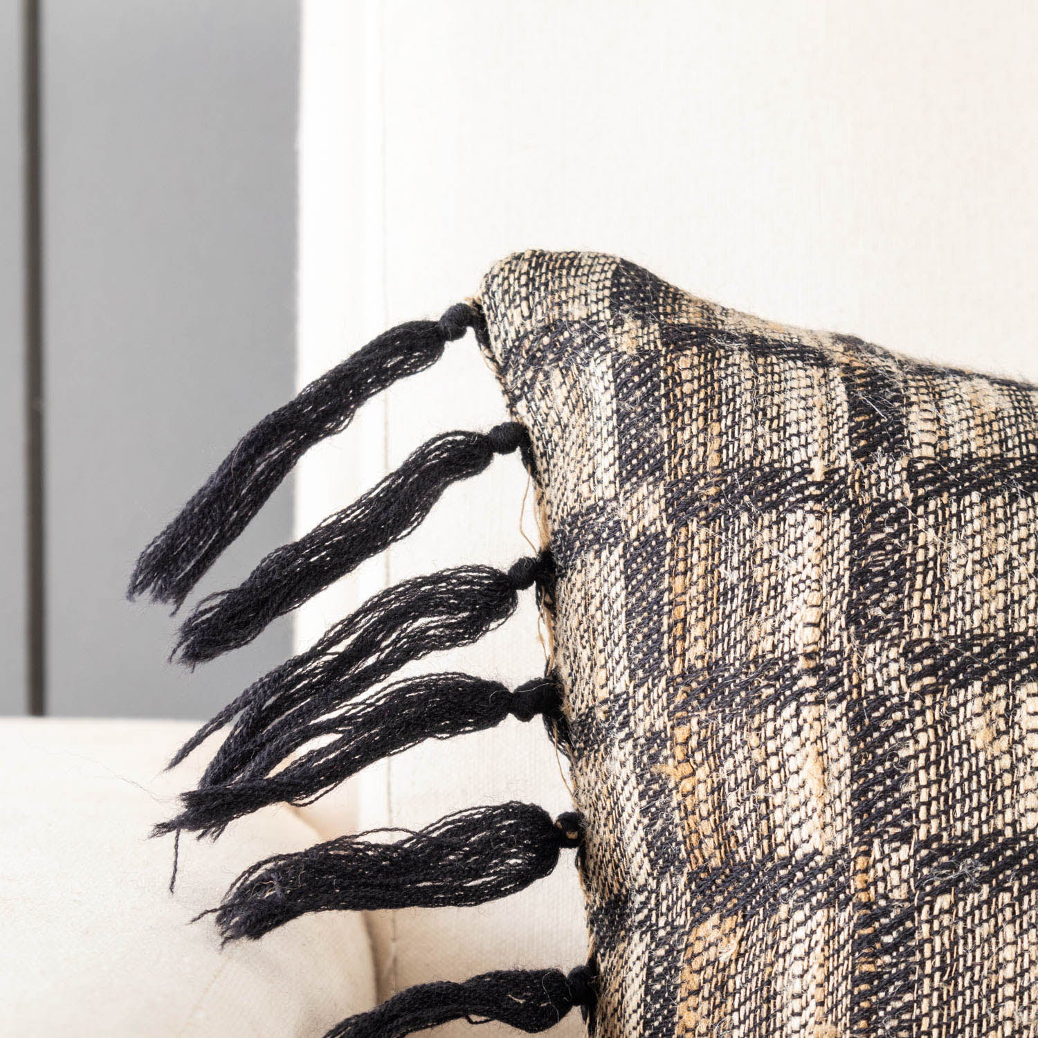 Handwoven Upcycled Black Beige Checks Wool & Oak Silk Cushion Cover - 12x12