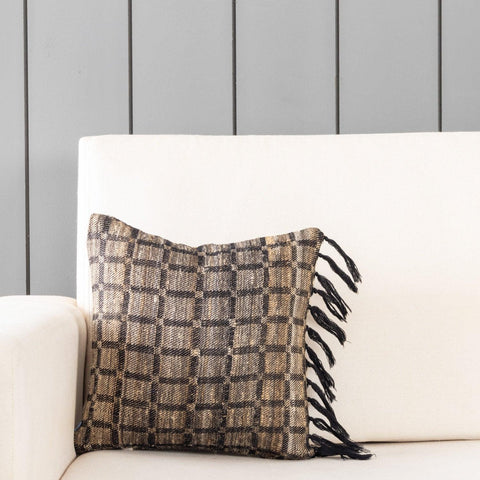 Upcycled Wool & Silk 12x12 Cushion Cover, Beige & Black - Eyaas