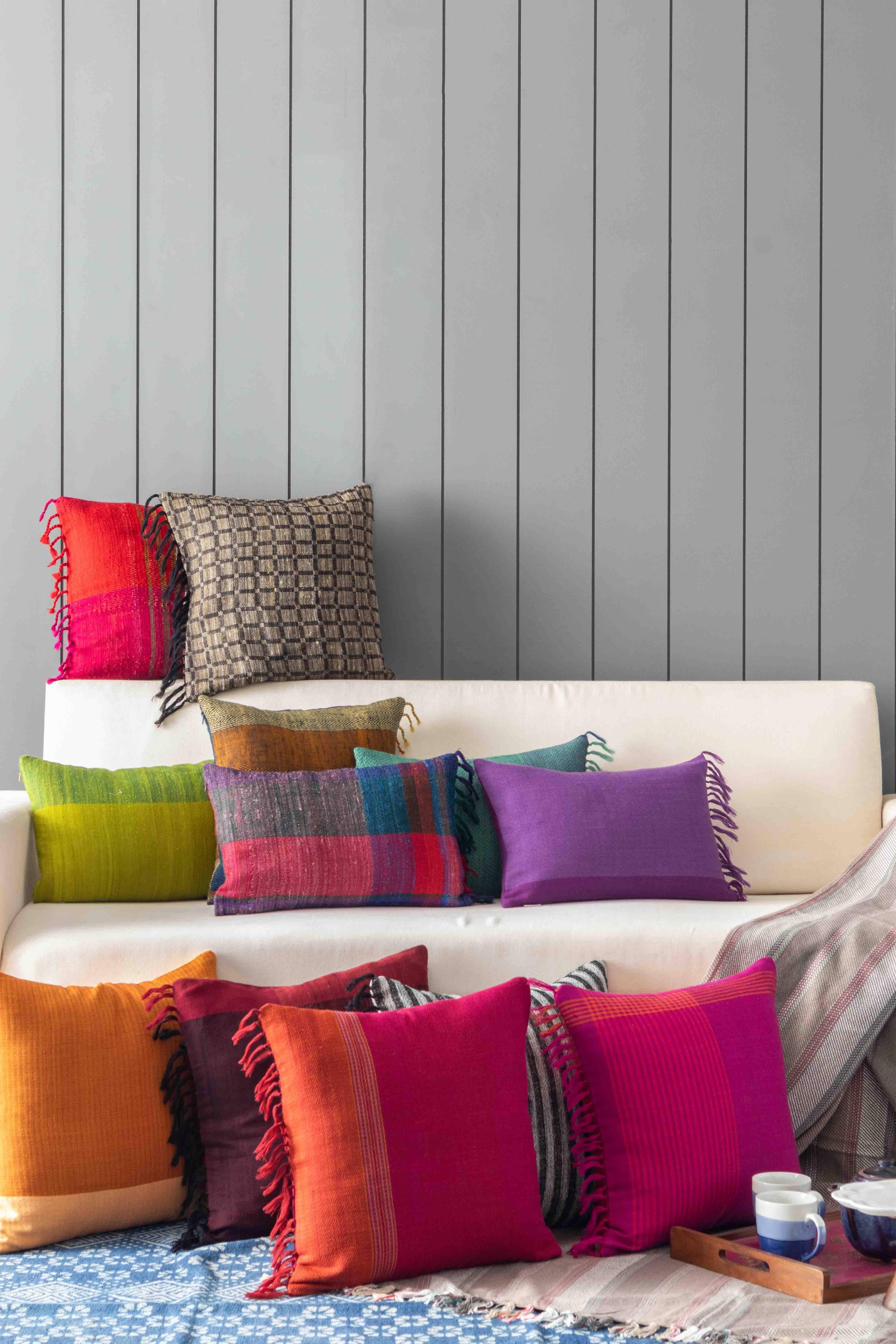 Upcycled Magenta with Orange Border Cushion Cover - 18x18 - Eyaas