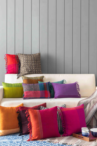 Upcycled Magenta with Orange Border Cushion Cover - 18x18 - Eyaas