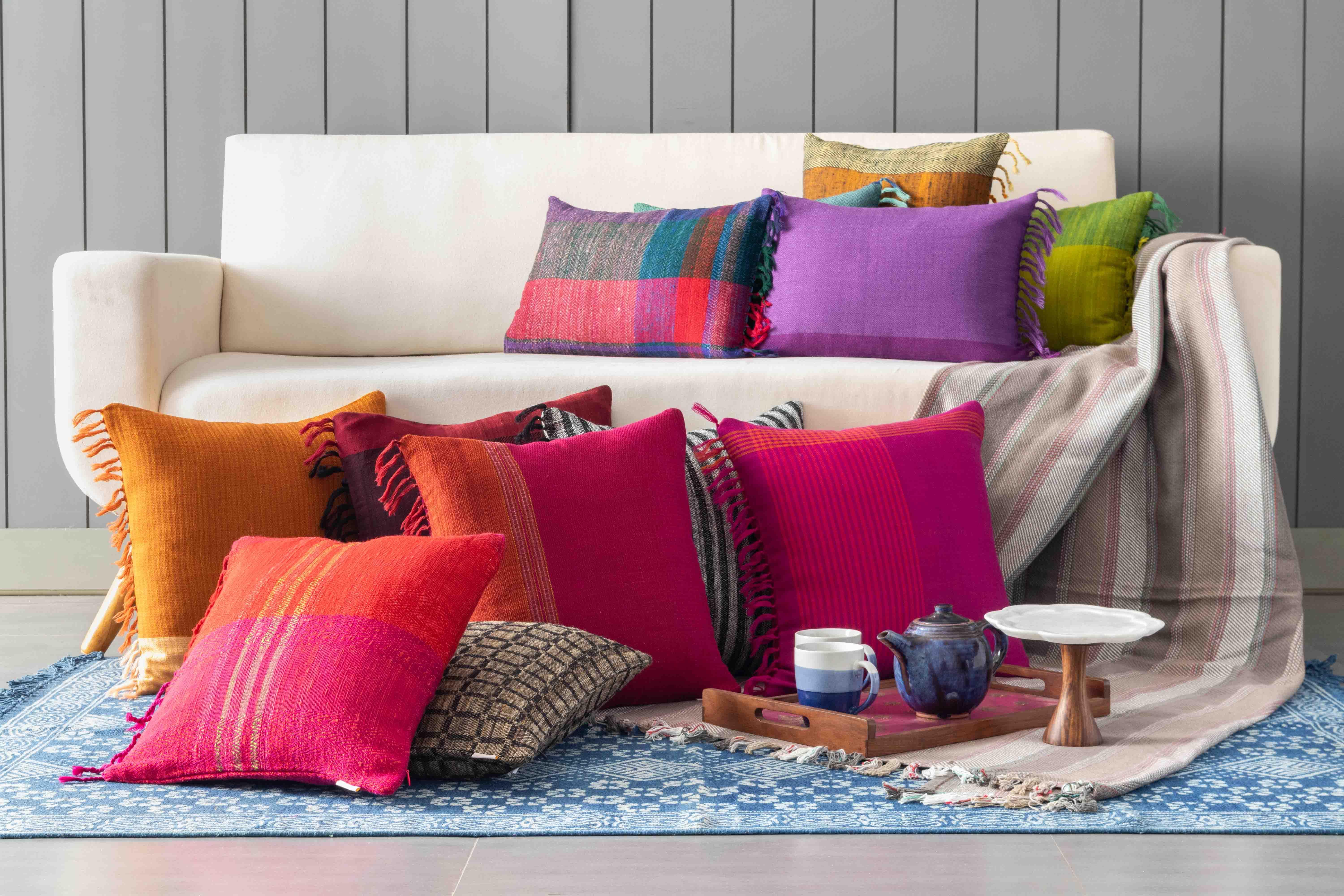 Upcycled Magenta with Orange Border Cushion Cover - 18x18 - Eyaas