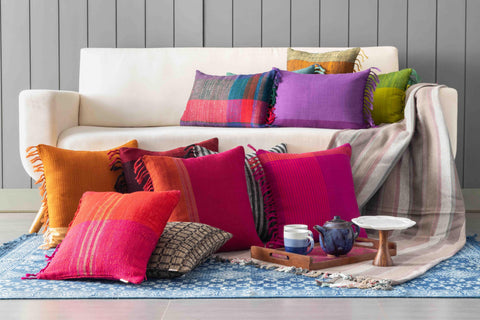 Upcycled Magenta with Orange Border Cushion Cover - 18x18 - Eyaas