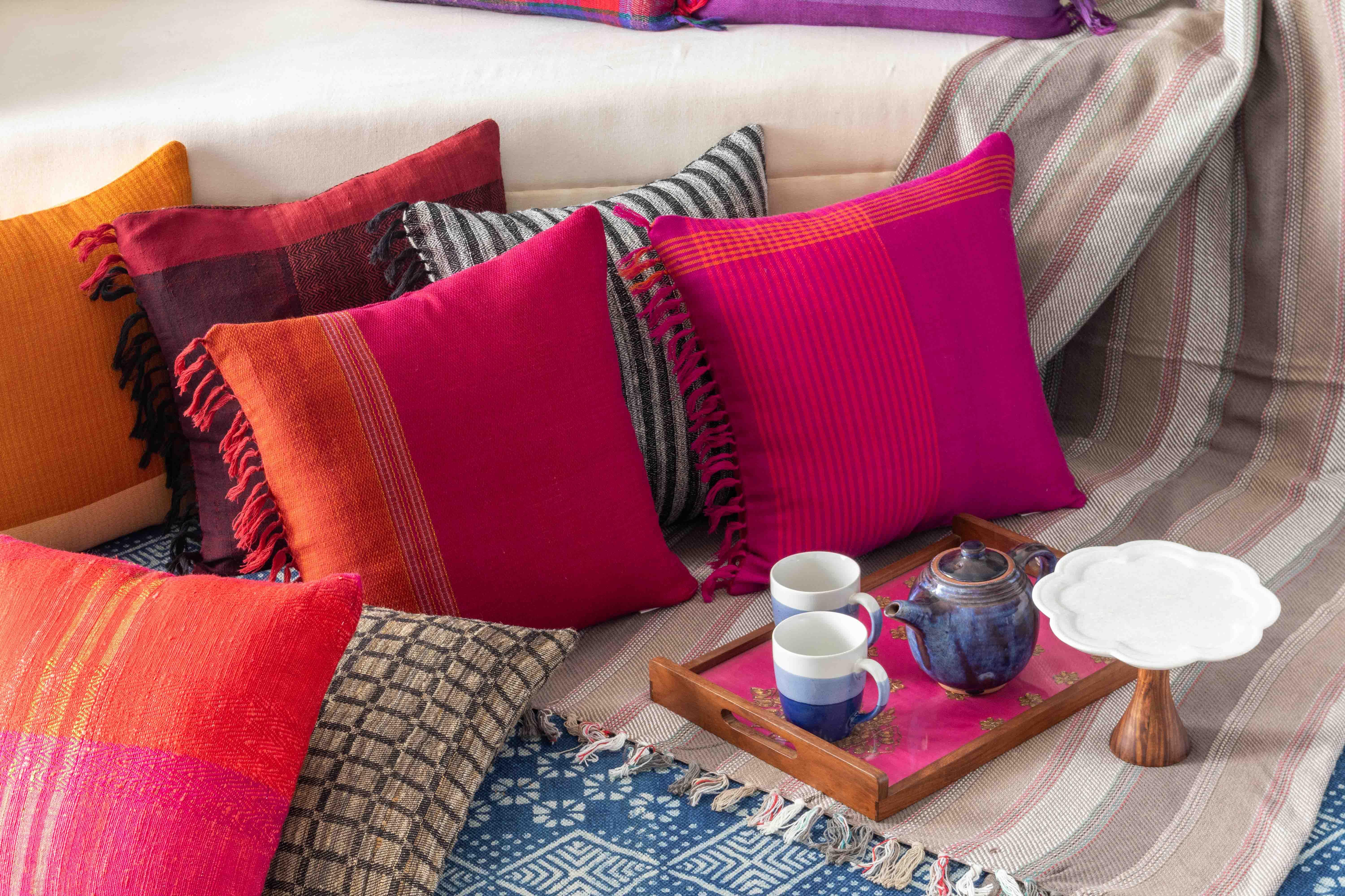 Upcycled Magenta with Orange Border Cushion Cover - 18x18 - Eyaas