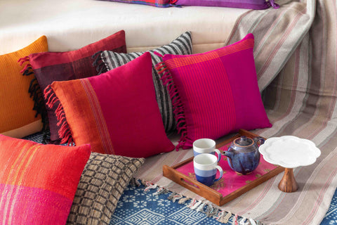 Upcycled Magenta with Orange Border Cushion Cover - 18x18 - Eyaas