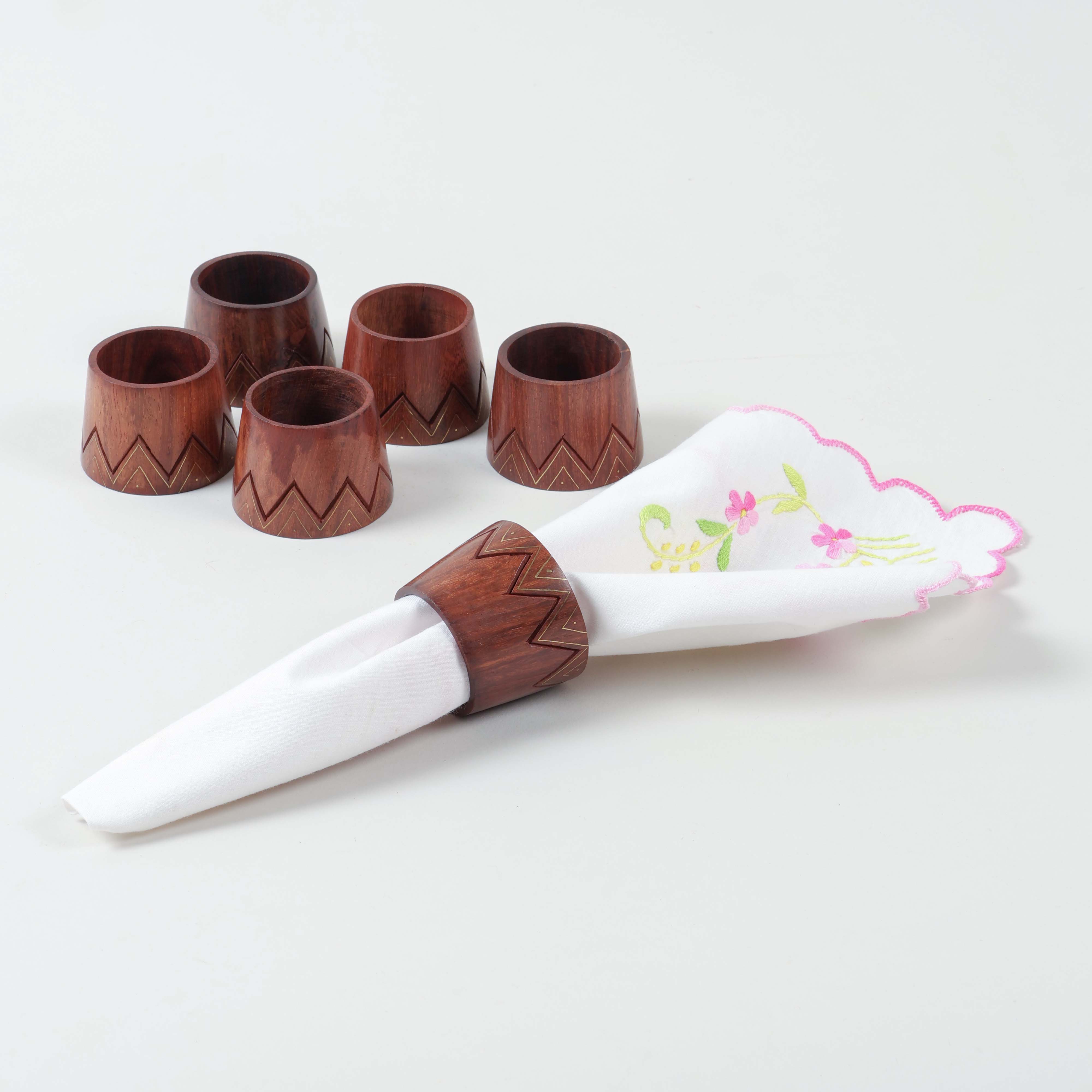 Conical Wooden Napkin Rings Set of 6 with Brass Inlay