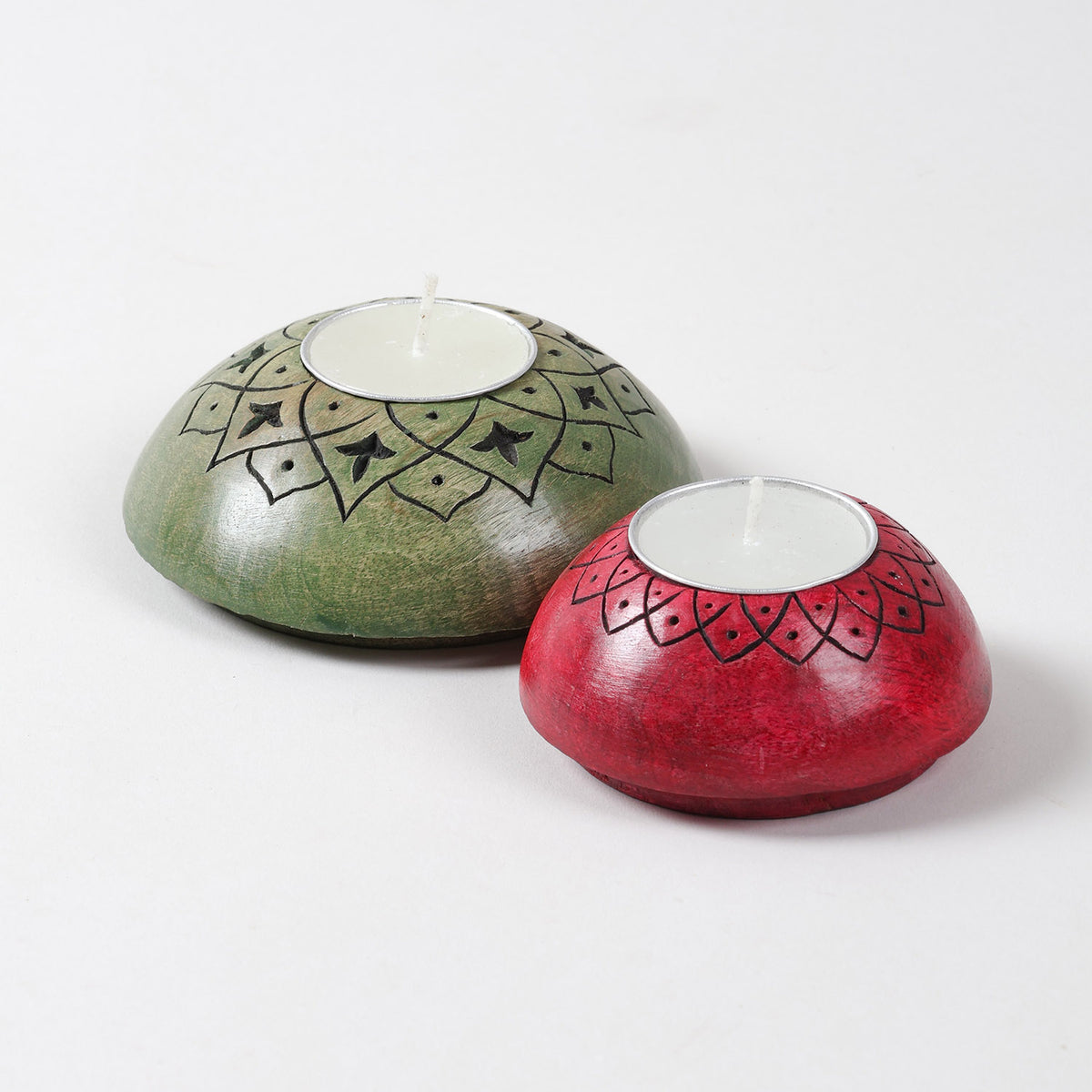 Handcarved T-Light Holder Set of 2, Red & Green