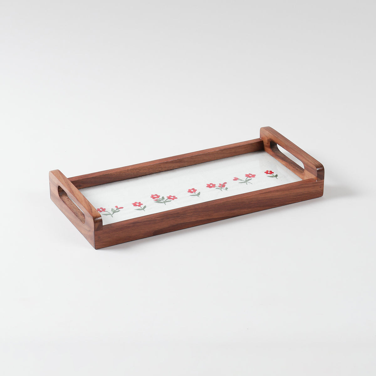 White & Pink Flower Hand Embroidered Wooden Tray