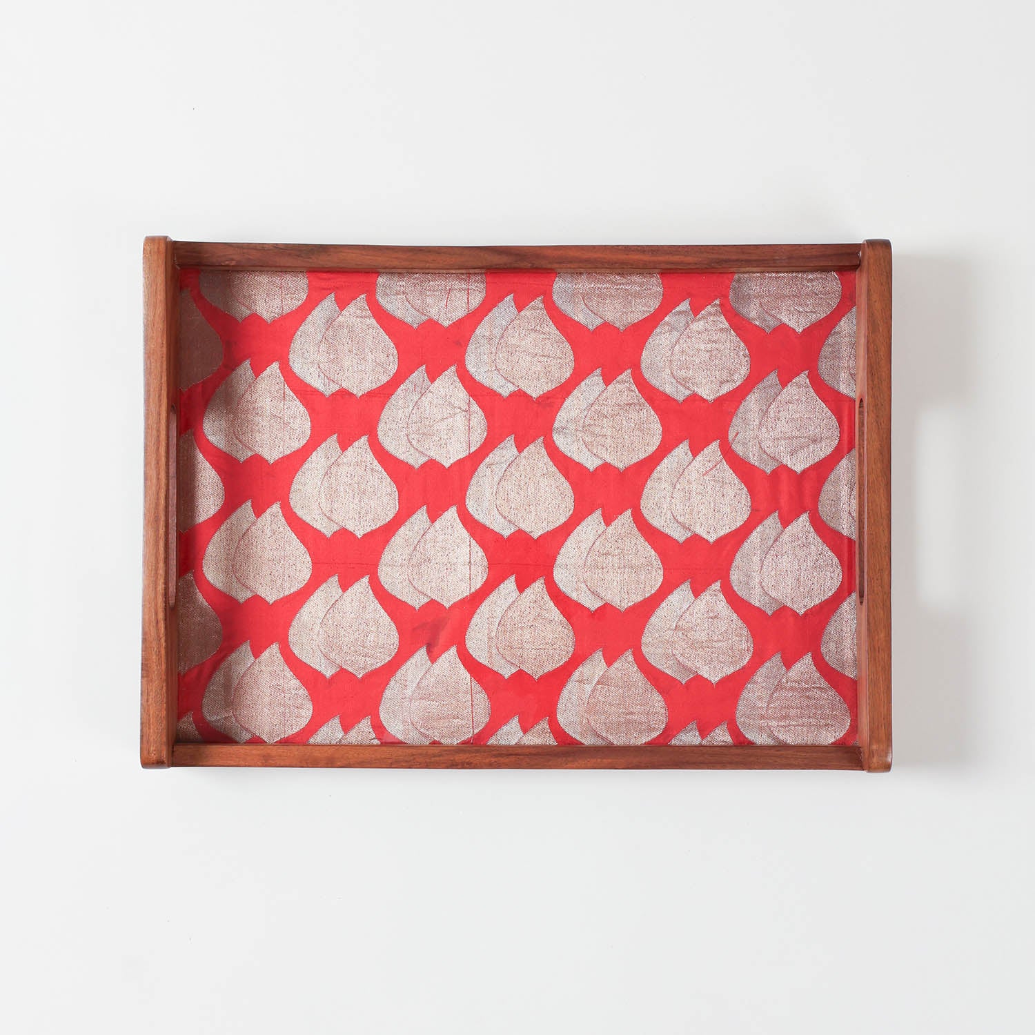 Red & Golden Paisley Hand Woven Fabric & Wood Tray
