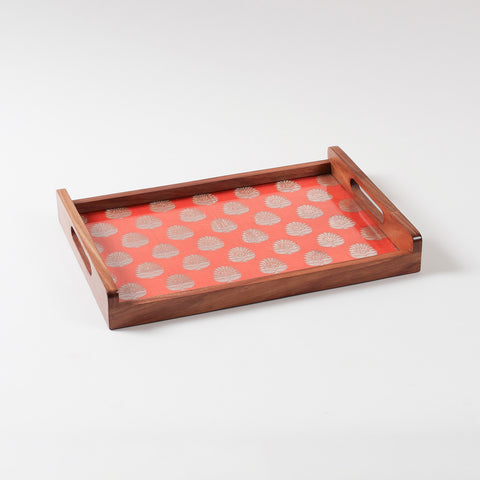 Orange & Golden Paisley Hand Woven Fabric & Wood Tray