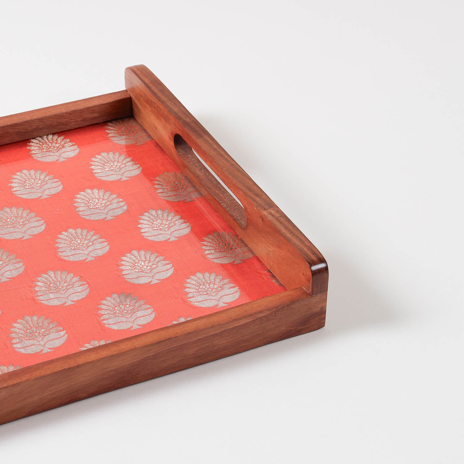Orange & Golden Paisley Hand Woven Fabric & Wood Tray