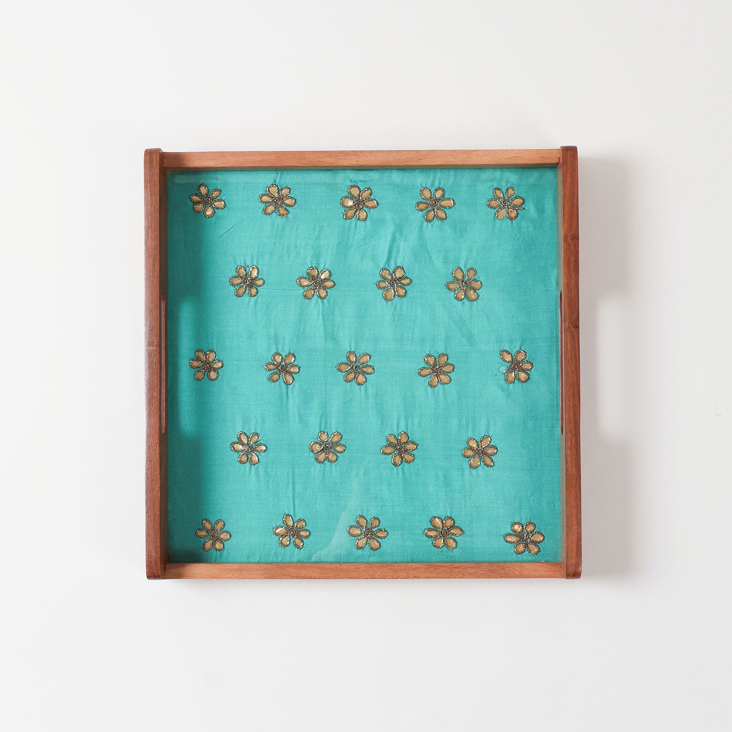 Green & Golden Gota Patti Square Wooden Tray