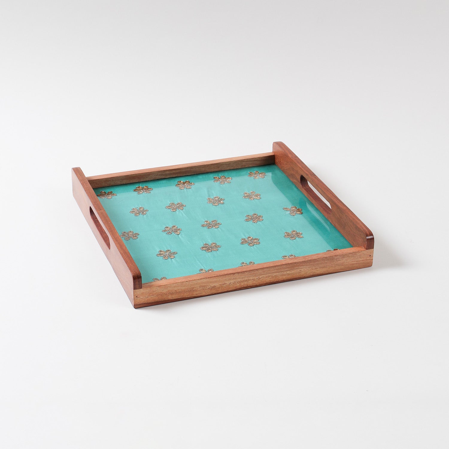 Green & Golden Gota Patti Square Wooden Tray