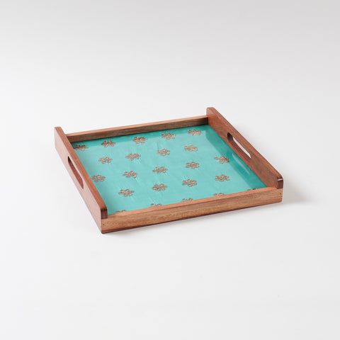 Green & Golden Gota Patti Square Wooden Tray