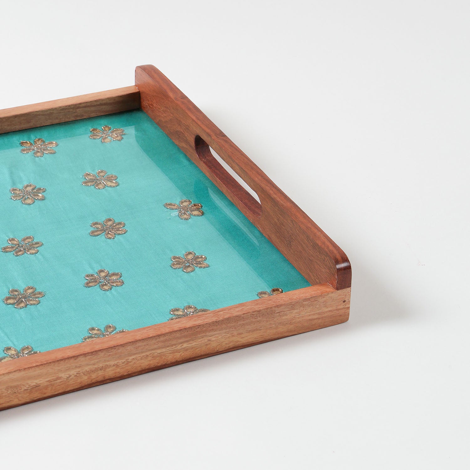 Green & Golden Gota Patti Square Wooden Tray