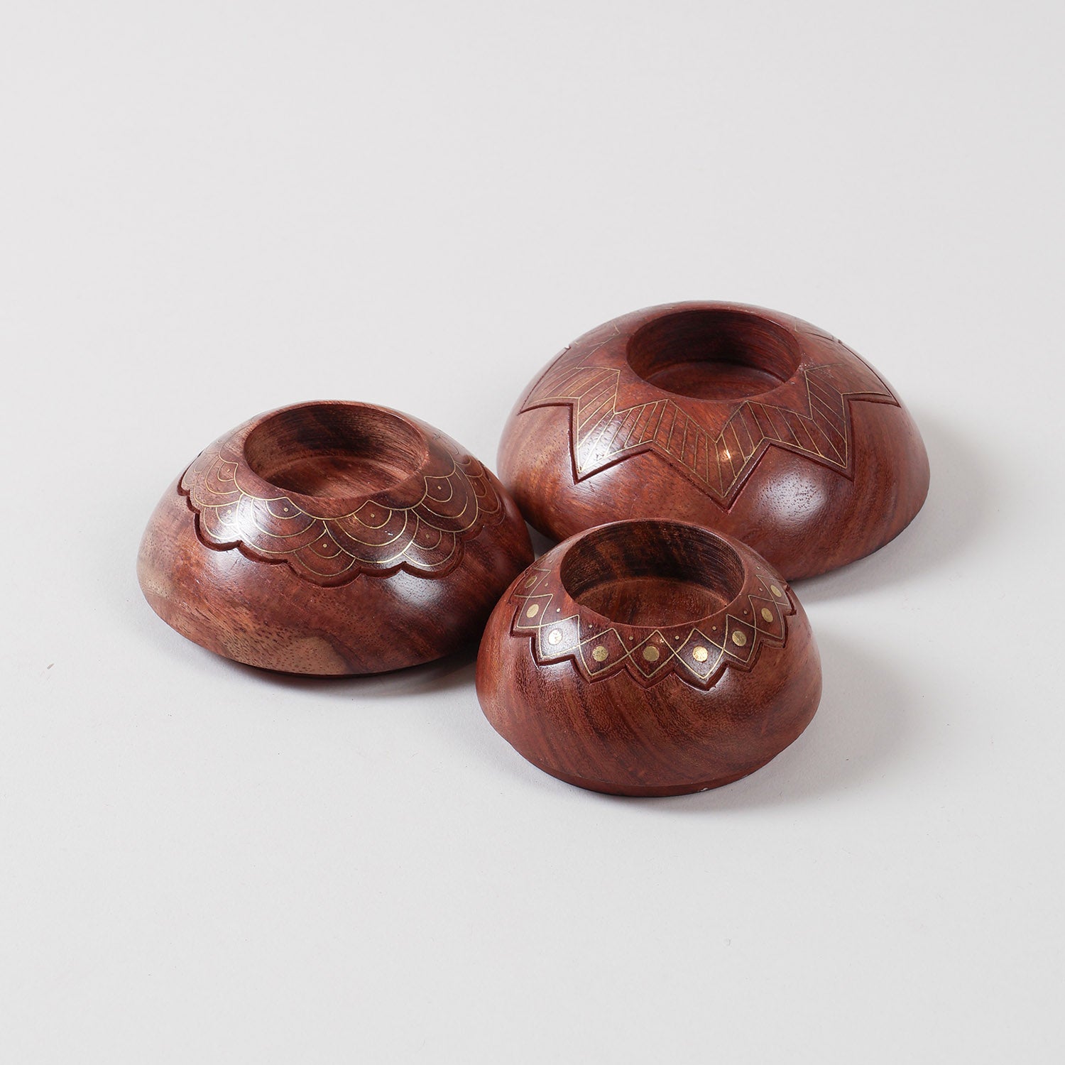 Brass Inlay Wooden T-Light Holder, Set of 3