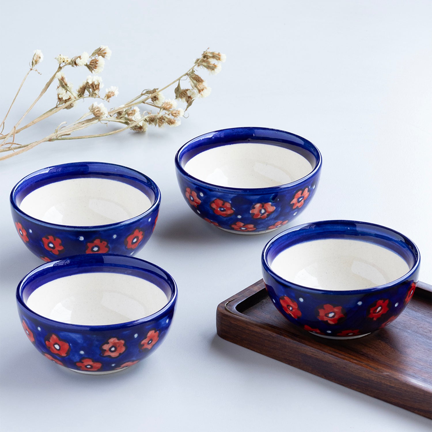 Red and Blue Floral Ceramic Katori Bowl / Portion Bowl
