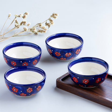 Red and Blue Floral Ceramic Katori Bowl / Portion Bowl