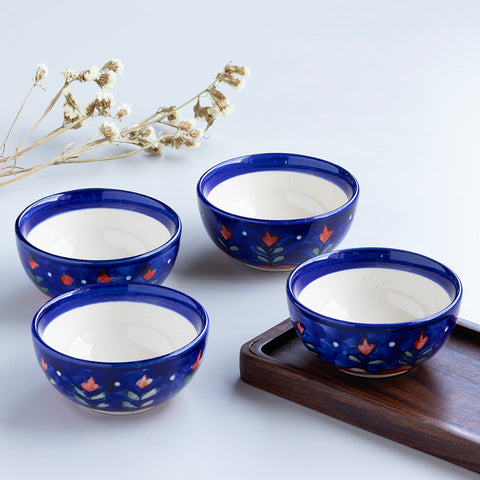Blooming Plants Red & Blue Ceramic Katori Bowl / Portion Bowl