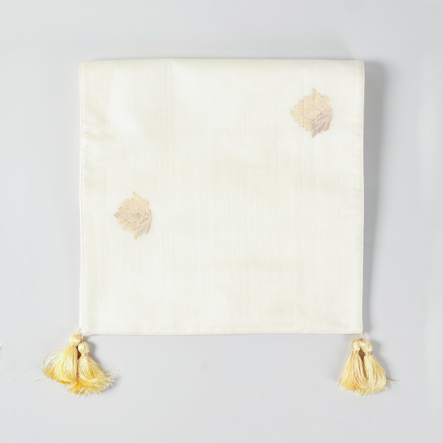 White Chanderi Handwoven Table Runner with Golden Motifs