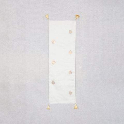 White Chanderi Table Runner with Golden Motifs - Eyaas