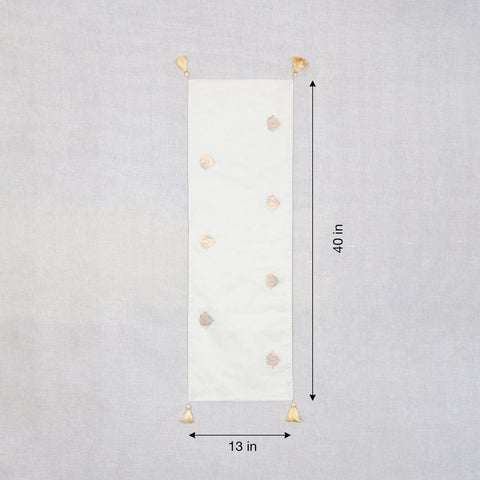 White Chanderi Table Runner with Golden Motifs - Eyaas