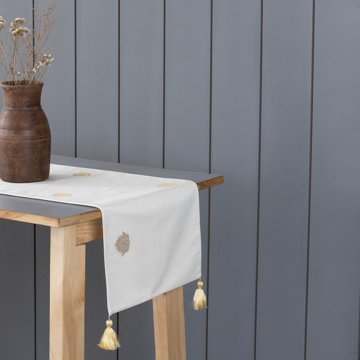 White Chanderi Handwoven Table Runner with Golden Motifs
