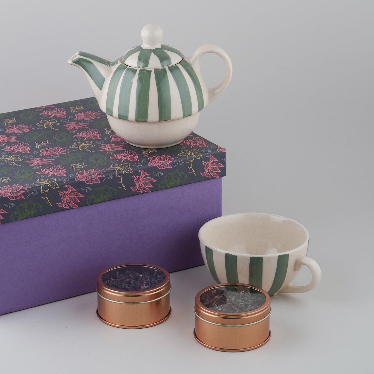 Tea Pot with Cup & Hibiscus Mint Green Teas (40 gms) Gift Set - Eyaas