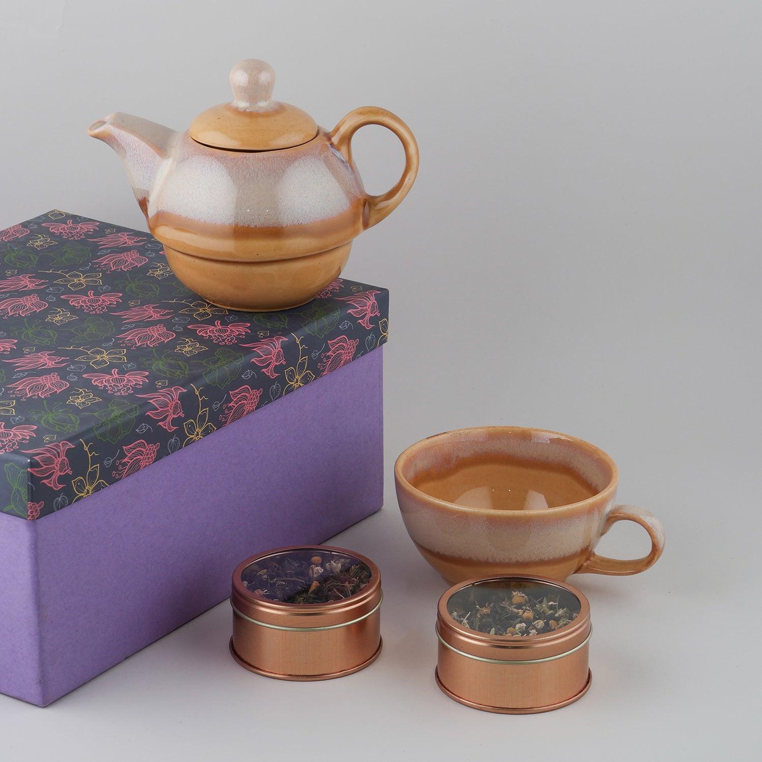 Tea Pot & Cup with Peach Chamomile Teas (40 gms) Gift Set - Eyaas