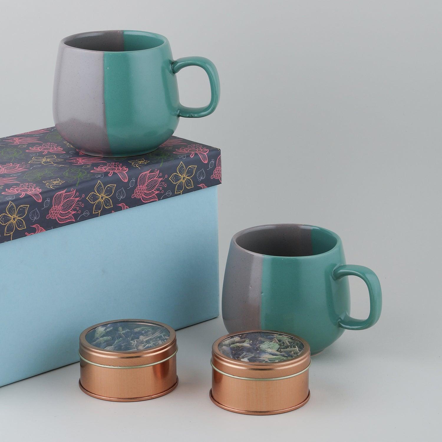 Ceramic Cups & Mystical Blue Herbal Tea (40 gms) Gift Set - Eyaas